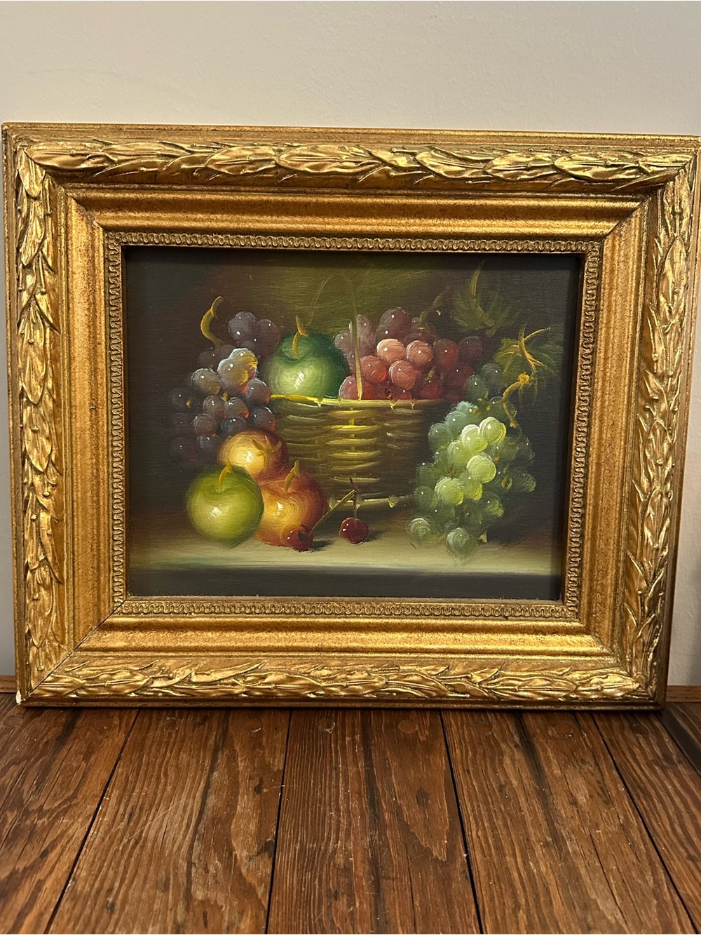 Ornate Gold-Framed Still Life Painting with Green Accents